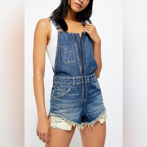 Free People Sunkiss Overall Shorts Denim Blue I Size S Denim Overall Shorts